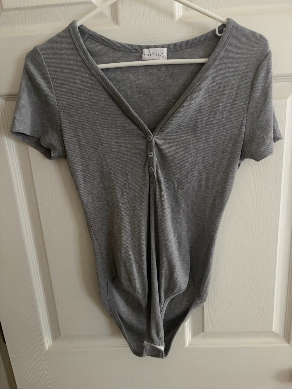 Full Tilt Gray Short-Sleeve V-Neck Bodysuit with Snap Front